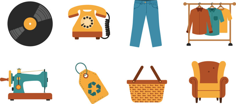 Vintage thrift store items set collection including vinyl record telephone blue jeans clothing rack and old armchair.