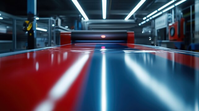 Advanced industrial inkjet printing machine applying color to a glossy surface under studio lighting in a modern factory setting