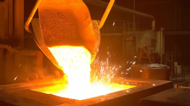 Bright Ladle Tilts Releasing Liquid. Interior Foundry Scene With Glowing Cooling Molten Metal Stream