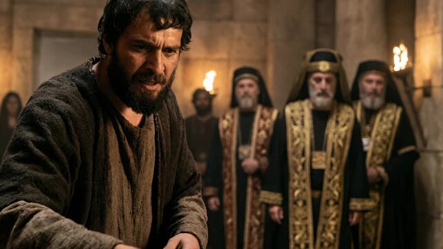 Judas Iscariot throws thirty pieces of silver to the high priest and Pharisee. Biblical scene of betrayal and regret during Passion week and historic Easter.