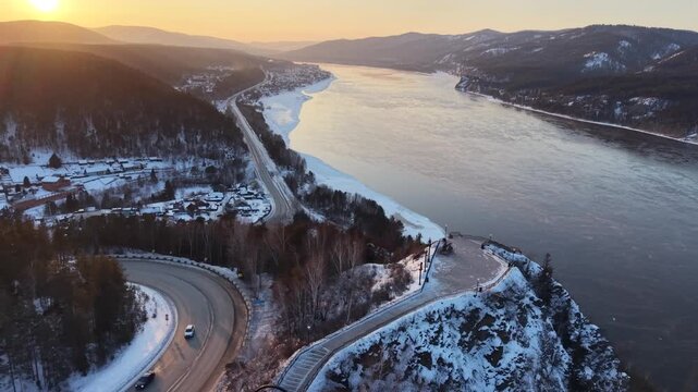 Sunset above Yenisei river. Siberia, Russia