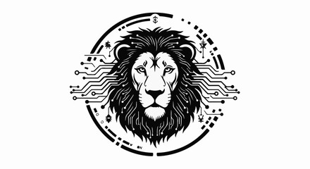 Obraz premium Majestic lion head with digital circuit mane symbolizes strength and technology