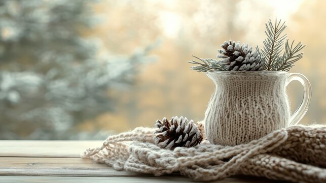 Frosted Pinecones and Knitted Scarf Displayed on Wooden Surface with Soft Winter Bokeh Background