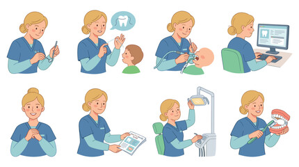 Fototapeta premium Female Dentist Character Set Demonstrating Dental Care, Healthcare, and Medical Poses And Activities Collections