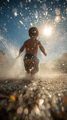 Naklejka premium Child Running Through Splashing Ocean Waves