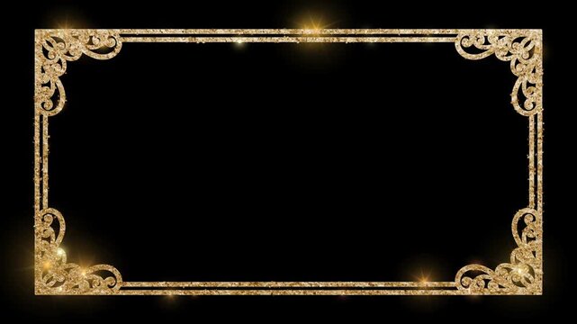 Ornate Gold Glitter Rectangle Frame with Sparkling Light Flare 4k video