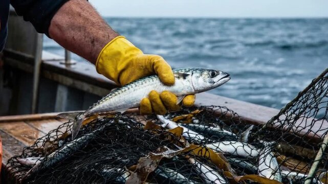 A fisherman holding a freshly caught fish over a net on a boat, capturing seafood industry, marine life, and traditional fishing activity at sea.