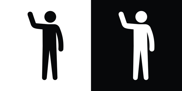 Simple silhouette icon of a person with a raised hand. Signifies greeting, waving hello, asking a question, participation, or a volunteer ready for action in a minimal graphic style.