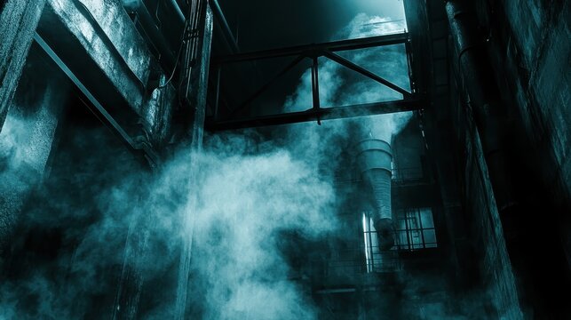 Industrial power plant emissions billowing smoke and vapor against a dark, atmospheric backdrop symbolizing environmental pollution and energy production.