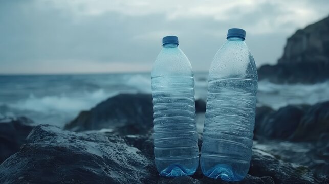 Plastic bottles littering a rocky coastline with the ocean and overcast sky in the background.