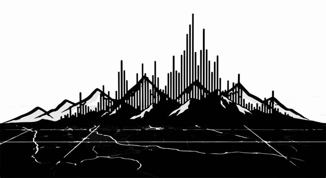 Dramatic city skyline emerges from mountain peaks, a silhouette of futuristic architecture against a stark background.