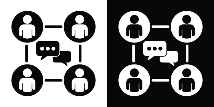 Vector icon of four people connected in a network with speech bubbles. Represents team collaboration, social media networking, group chat, and professional business communication.