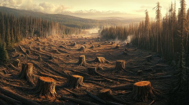 Vast deforested landscape with numerous tree stumps under hazy sunlight and distant mountains