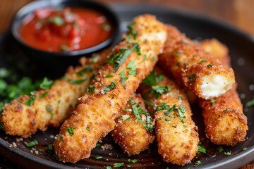 Fototapeta premium Crispy, golden brown mozzarella sticks are served with a vibrant marinara dipping sauce, creating a tempting appetizer