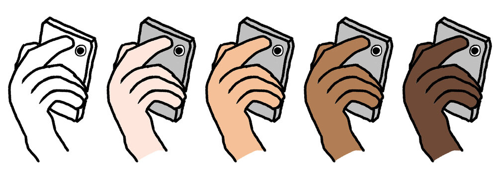 スマートフォンを持つ手の手描き風イラスト5種セット (多様な肌の色)