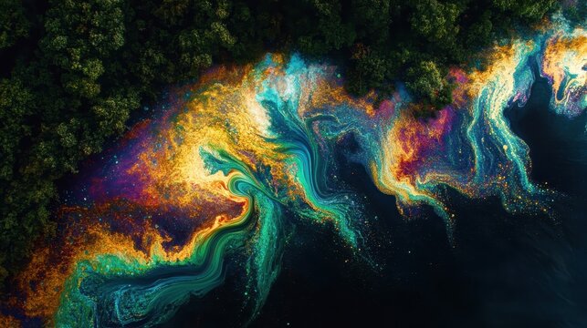 Vibrant toxic algae bloom swirls across a polluted lake's surface near forest shoreline, showcasing environmental degradation.