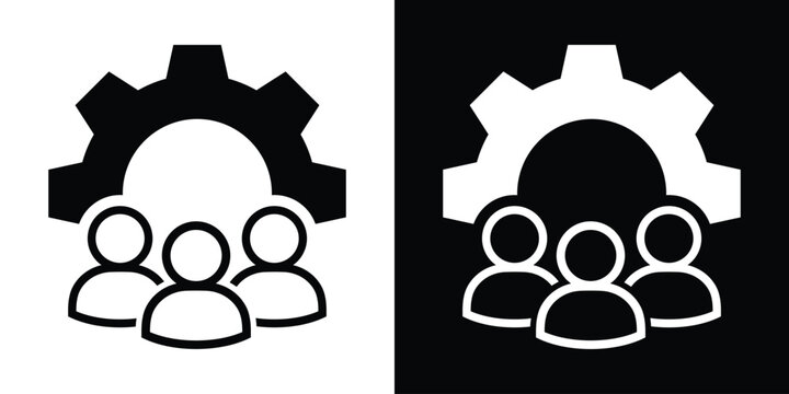 Vector icons of a group of three people behind a large gear. Symbolizes workforce management, technical teamwork, industrial human resources, and business operations integration.