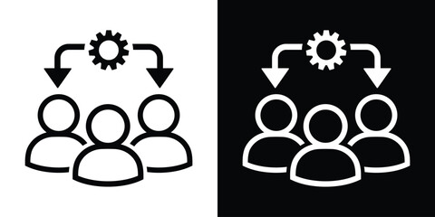 Obraz premium Business icons showing a gear with arrows pointing to people. Represents process delegation, workflow distribution, automation impact on staff, and organizational management systems.