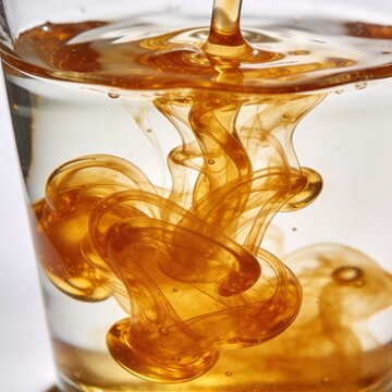 Honey dissolving in water creating golden swirling patterns  