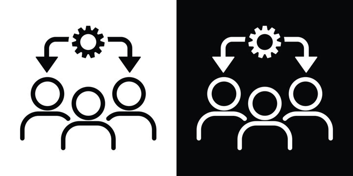 Business icons showing a gear with arrows pointing to people. Represents process delegation, workflow distribution, automation impact on staff, and organizational management systems.