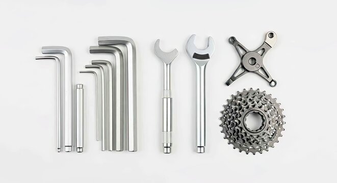 Bicycle Repair Tools Set on White Background for Maintenance and Cycling Workshop Stock Photo Bicycle