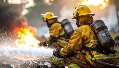 Fototapeta premium Firefighters spraying water onto a fire with dramatic flames, wearing yellow gear and helmets