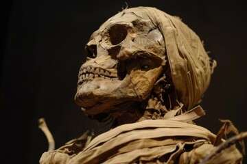 Scary mummy showing its teeth and bones, preserved with ancient techniques