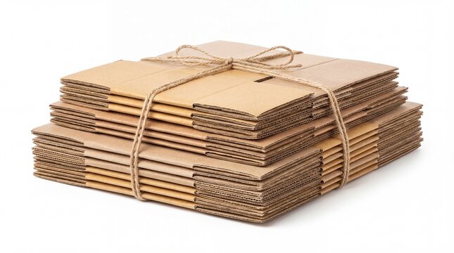stack of flat unassembled cardboard boxes tied with twine on white background with copyspace. packaging material for shipping, moving and delivery. e-commerce logistics, storage container.