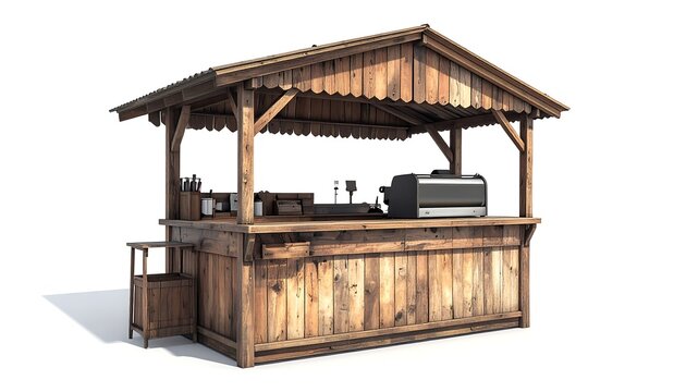 A rustic, wooden stall with a pitched roof, displaying coffee making equipment. Natural light casts shadows, isolating the structure