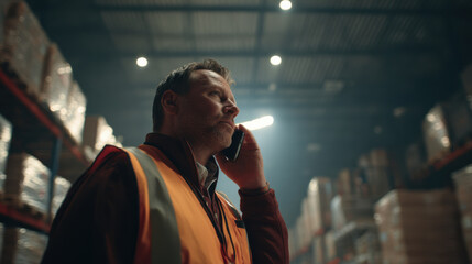 Fototapeta premium Warehouse worker communicating on cell phone in logistics center
