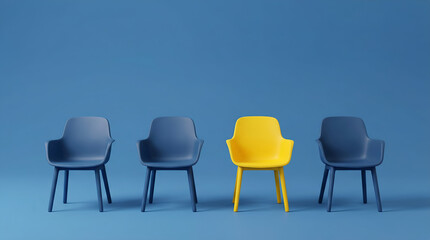 Obraz premium A single bright yellow chair stands out from a row of identical dark blue chairs against a solid blue background, symbolizing individuality, selection, difference, special and distinction