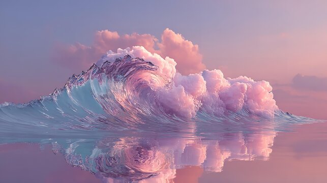 A wave of blue and pink water with a large ice block in the middle.
