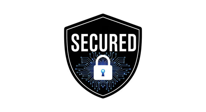 Secured shield logo with padlock and circuit design on transparent background
