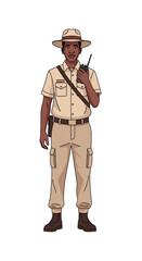 Fototapeta premium Park ranger standing with radio outdoors in rugged uniform 