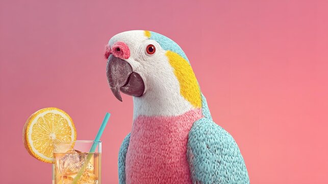 A colorful parrot with citrus slice on the glass of tequila