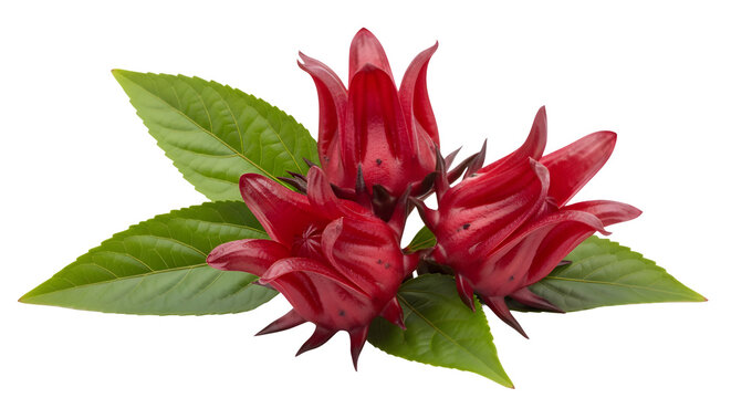 A bouquet of red ginger flowers with green leaves on transparent background