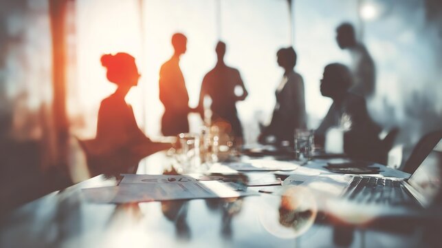 Blurred image of business people silhouettes sitting around table meeting in a modern glass-walled office space .