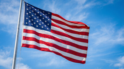 Fototapeta premium American flag waving proudly against a bright blue cloudy sky