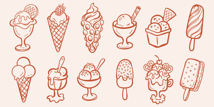 hand drawn doddle vector set of different ice cream types . line art . ice cream elements set . sketches ice cream art . vector illustration