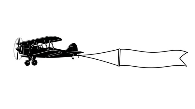 Vintage biplane tows banner with vector CAD design in flight
