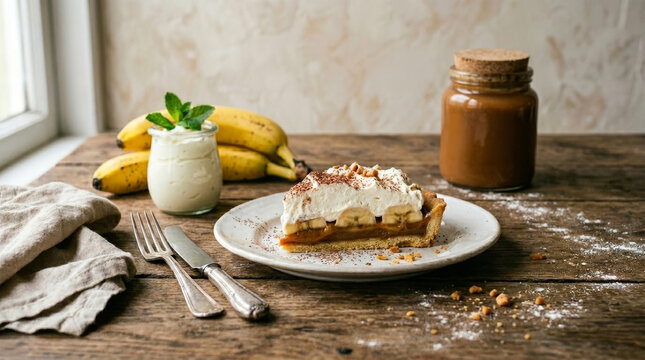 Slice of rustic Banoffee pie with dulce de leche, bananas, and whipped cream on a wooden table with ingredients in the background