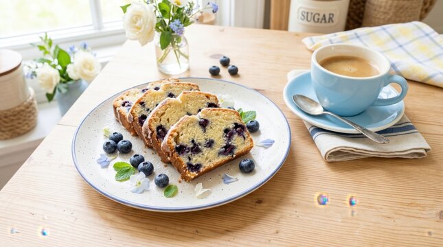 Freshly baked blueberry loaf cake slices served with coffee and delicate floral garnishes