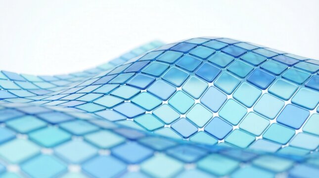 Big data and cloud computing concept, 3D render of blue wavy glass tiles. Network connectivity and digital infrastructure theme for technology business.