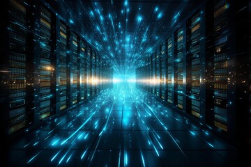 Obraz premium Server room full of racks with glowing lines representing fast data transfer