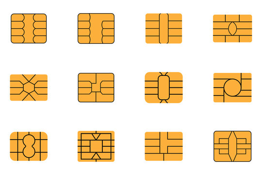 Collection of EMV golden chips smart cards. Square computer microchips for credit debit cards. Varying chip layouts is displayed high quality professional detailed modern elegant. Vector illustration.