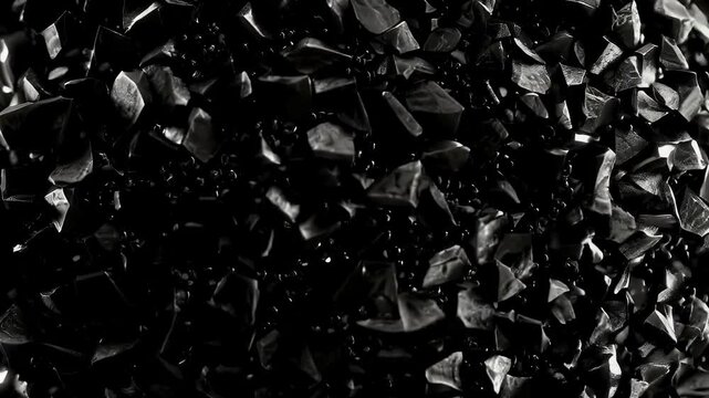 Macro shot of textured metallic sphere made of dark silver charcoal pieces isolated on black background, abstract industrial 3D render for high-tech and luxury concepts