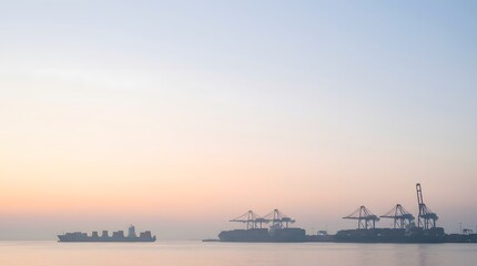 Obraz premium Container ship and industrial cranes at a tranquil harbor during a soft sunrise or sunset
