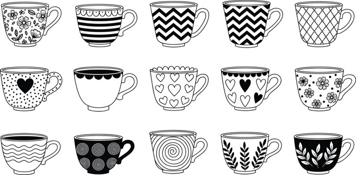 Collection of Hand-Drawn Decorative Coffee Cups with Unique Patterns for Cafe, Beverage, and Drinkware Designs