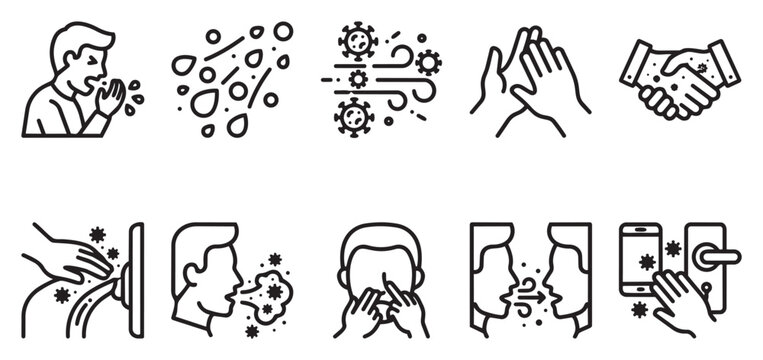 A collection of line art icons illustrating health and hygiene practices for pandemic prevention, including sneezing, germ spread, hand washing, and avoiding contact.
