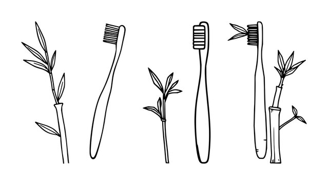 Bamboo toothbrush set with minimalist line art featuring sustainable, eco-friendly lifestyle icon with black ink and white background